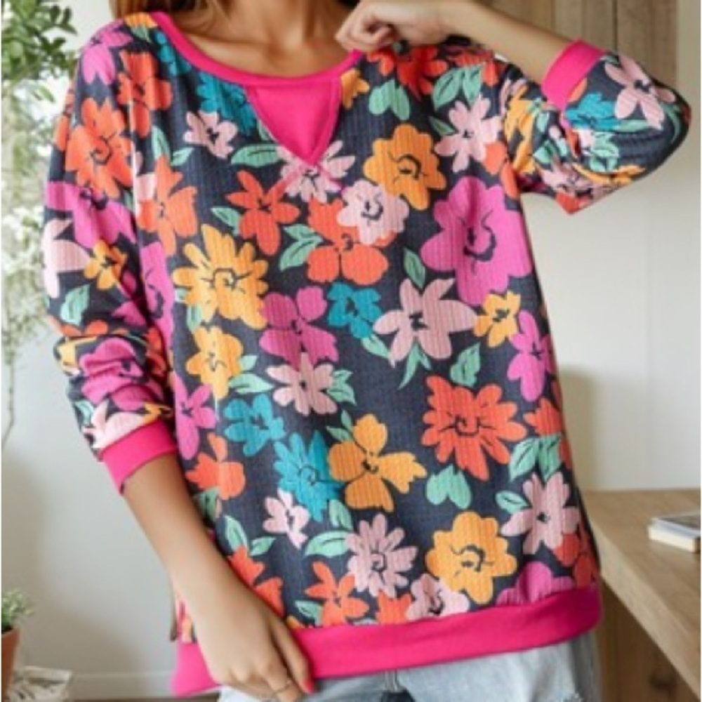 Hopely Waffleknit Bright Floral Oversized Top